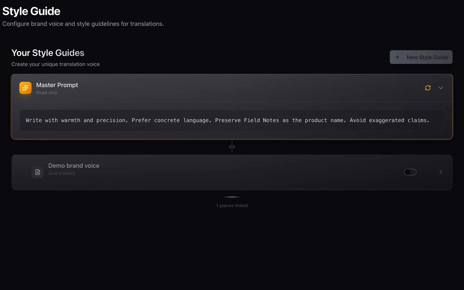 Nativ’s style-guide screen displaying a demonstration master prompt and brand-voice guide.