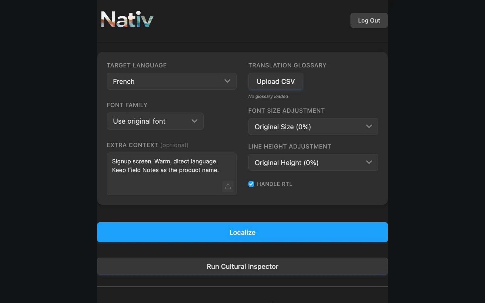 Nativ’s actual Figma plugin panel showing language, font, context and glossary controls.