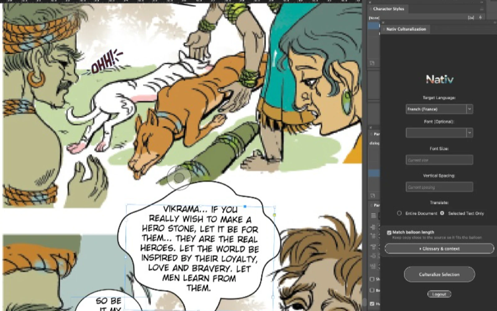 A selected comic speech balloon beside the Nativ localisation panel in Adobe InDesign.