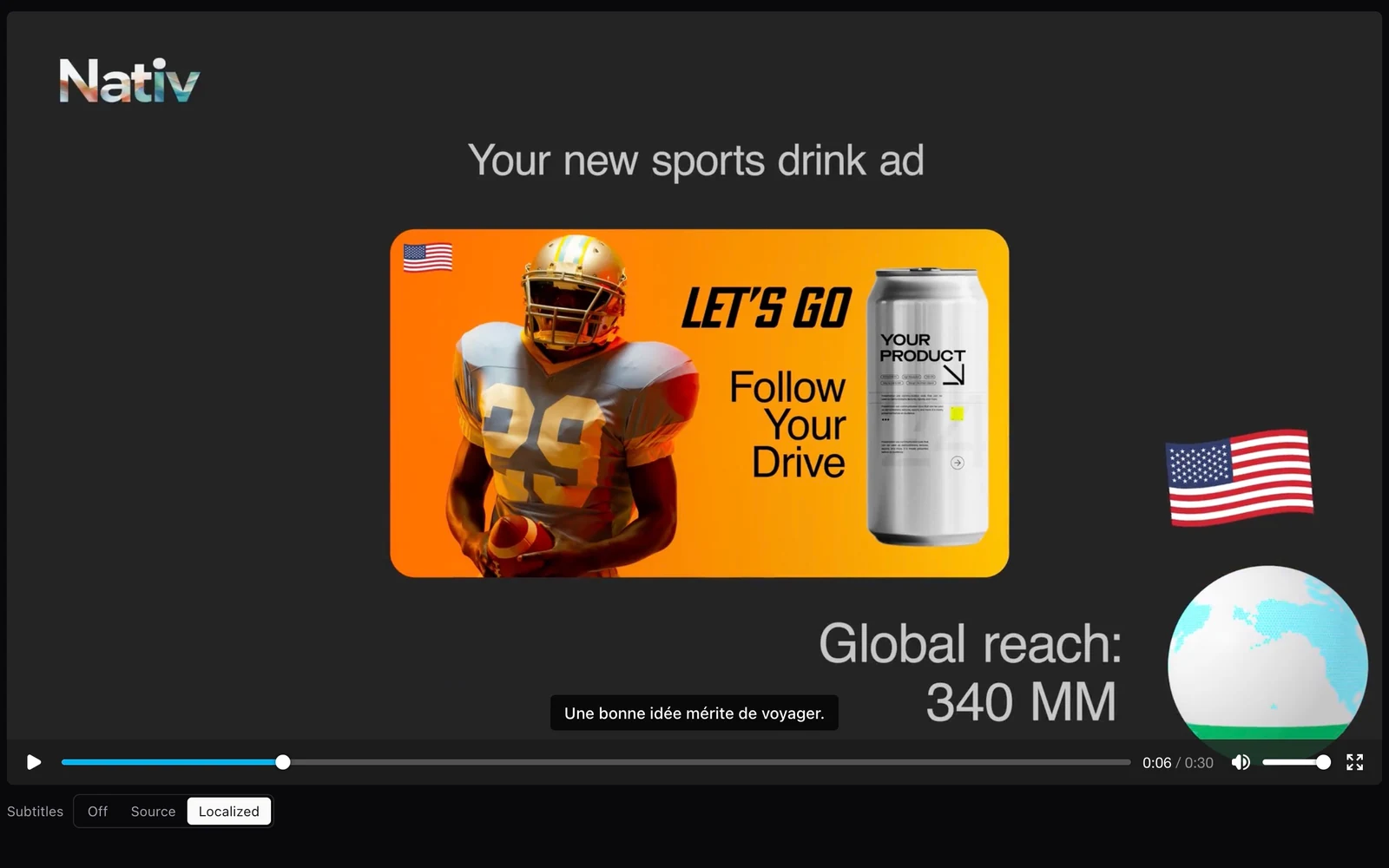 Nativ’s subtitle preview with source and localised track controls over its existing demonstration film.