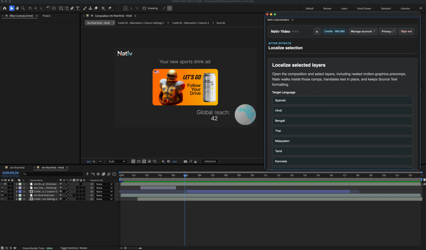 The Nativ Video Culturalization panel and layered workflow, as shown in its published Adobe Exchange listing.